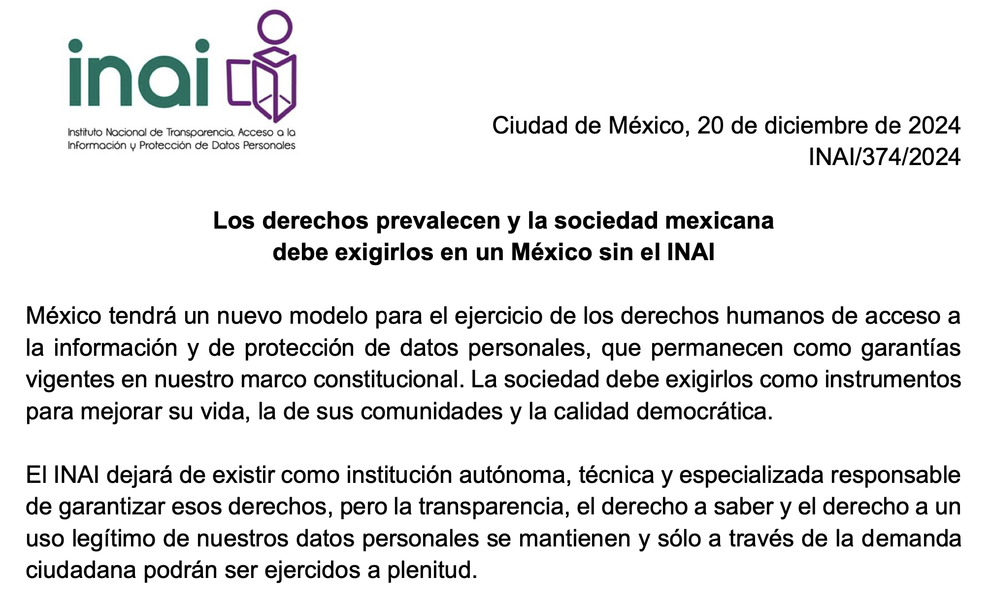 “Los derechos prevalecen y la sociedad mexicana debe exigirlos en un México sin INAI”